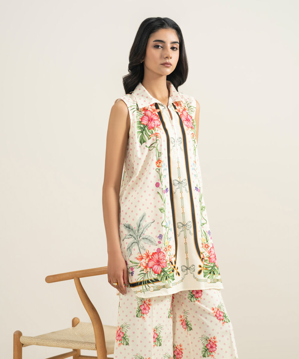 Women's RTW Cotton Viscose Printed Off White Straight Shirt