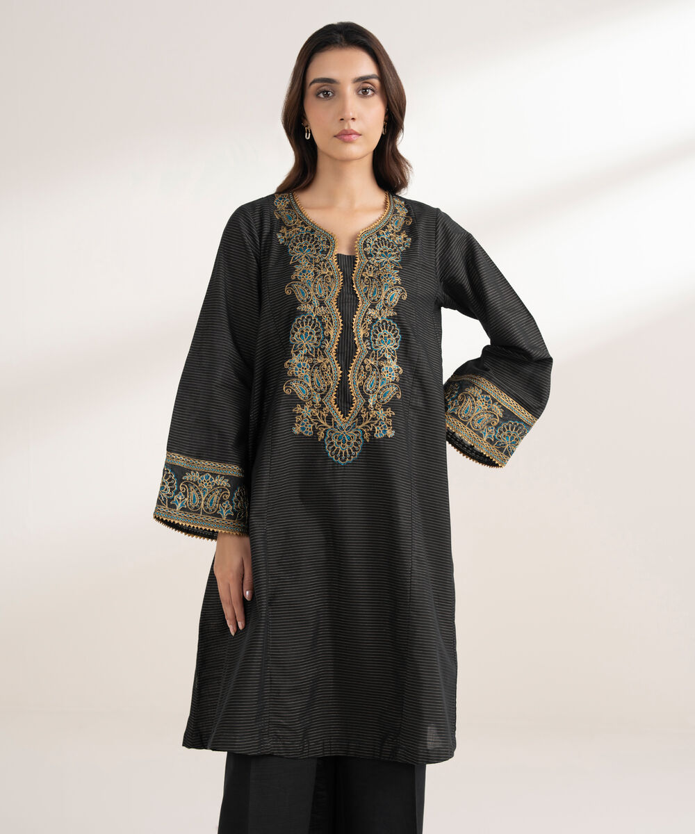 Women's RTW Zari Cotton Embroidered A-Line Black Shirt