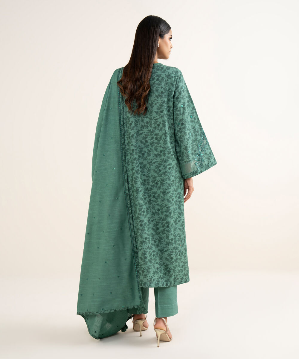 Women's Unstitched Cotton Embroidered Green 3 Piece Suit