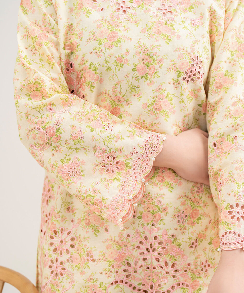 Women's RTW Zari Cotton Embroidered Yellow Straight Shirt