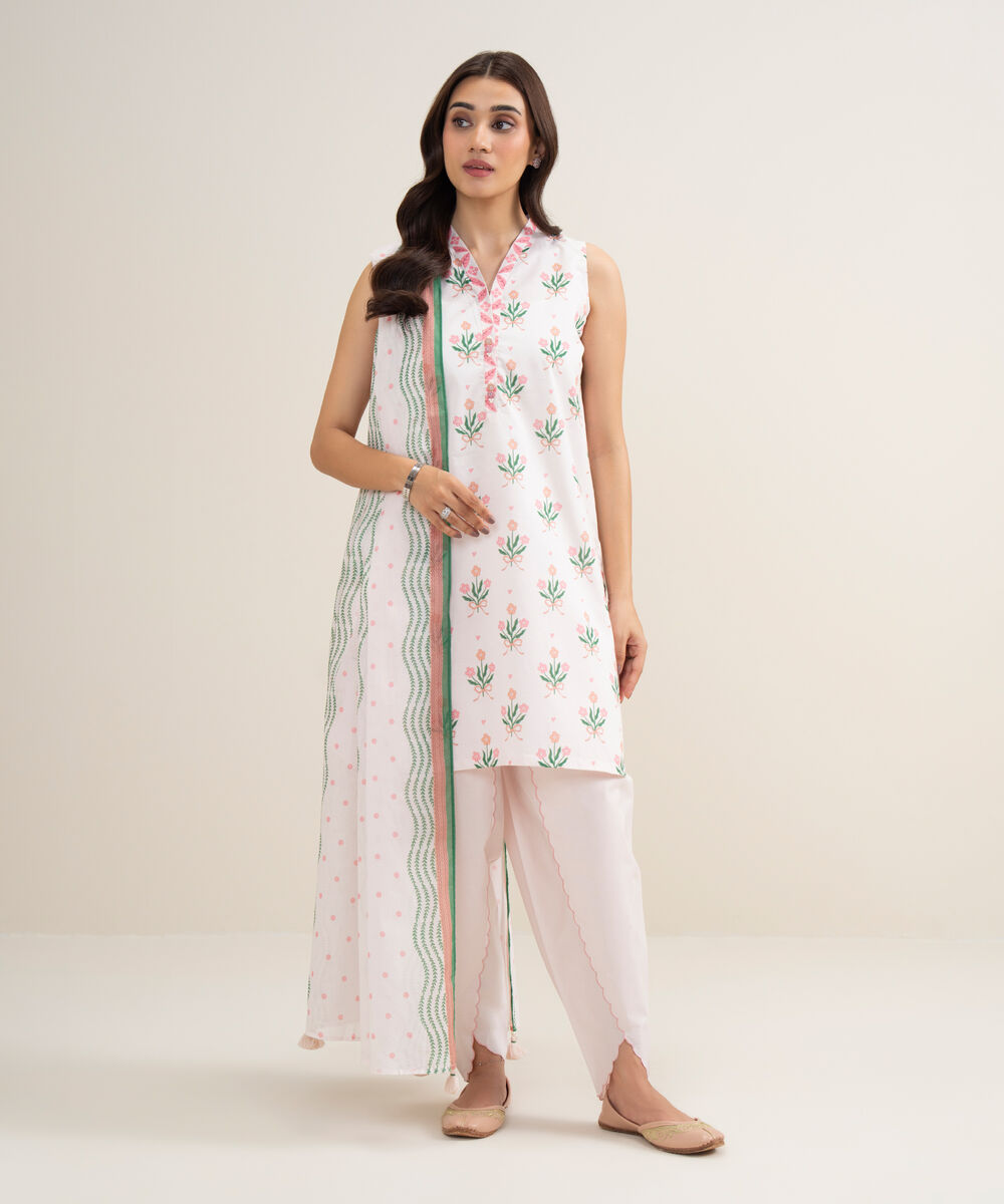 Women's Unstitched Lawn Printed Off White 3 Piece Suit