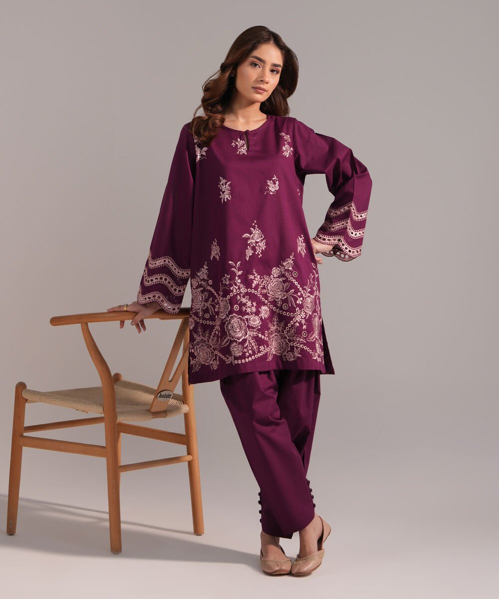 Women's RTW Crosshatch Embroidered Purple Straight Shirt