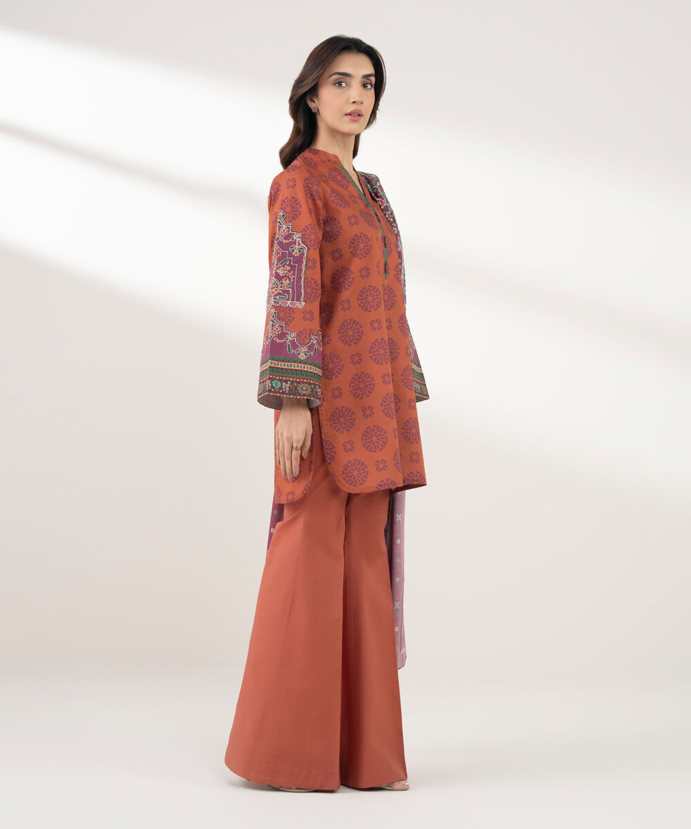 Women's Unstitched Cotton Printed Orange 3 Piece Suit