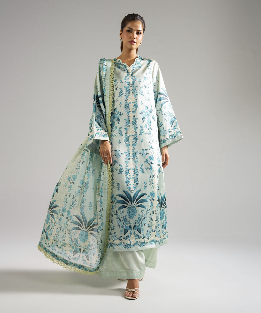Women's RTW Blended Satin Printed Green 3 Piece Suit