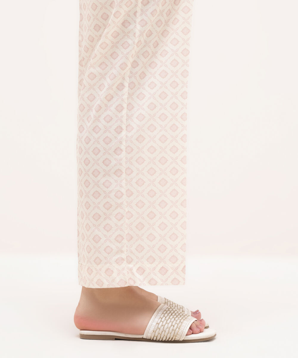 Women's RTW Cambric Off White Printed Straight Pants