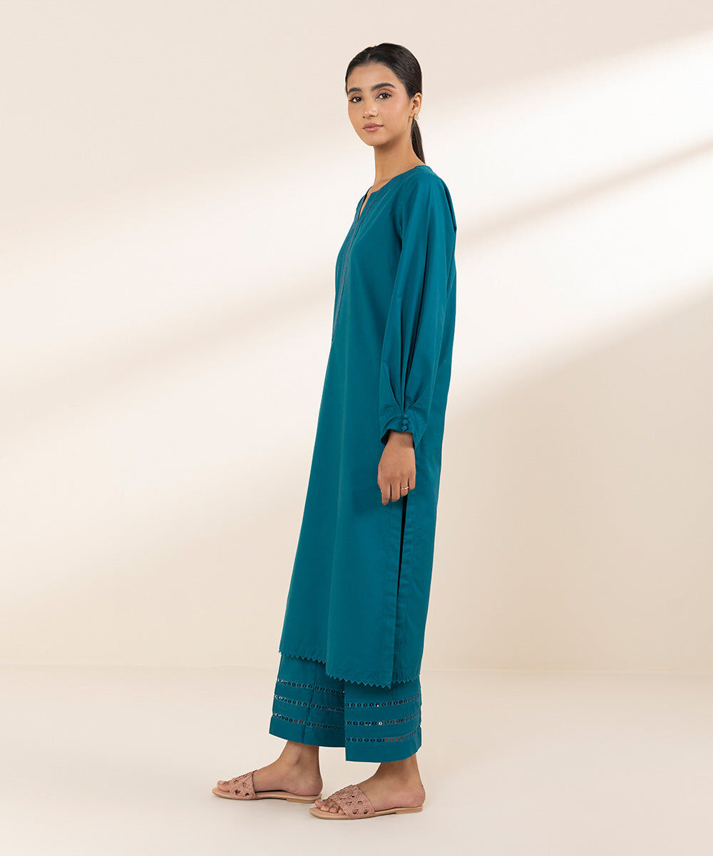 Woman - Green Solid Cambric Shirt