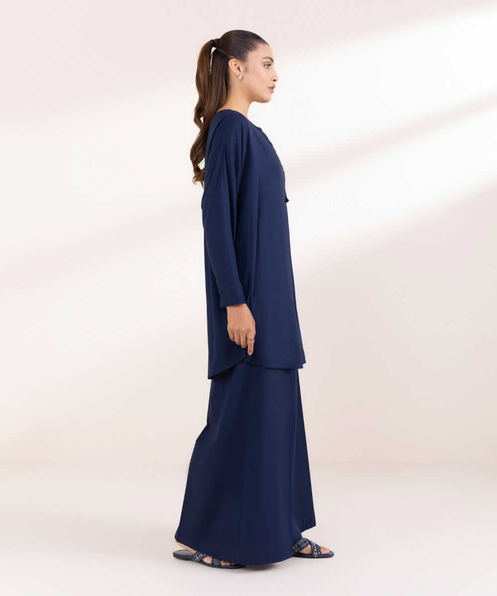 Woman - Blue Solid Arabic Lawn Shirt