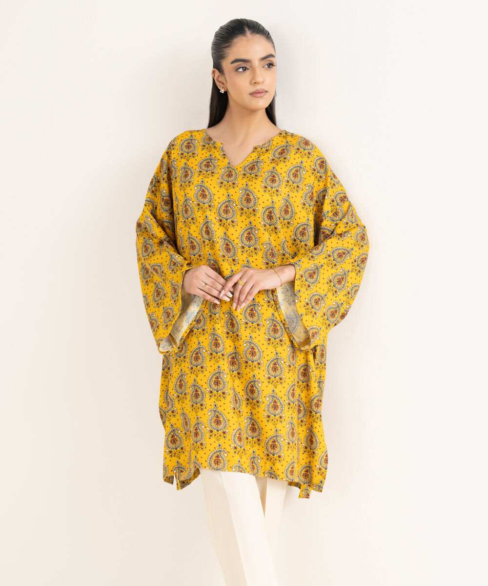 Women's RTW Cotton Printed Drop Shoulder Yellow Shirt