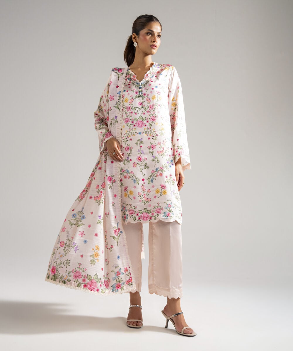 Women's RTW Blended Satin Printed Pink 3 Piece Suit