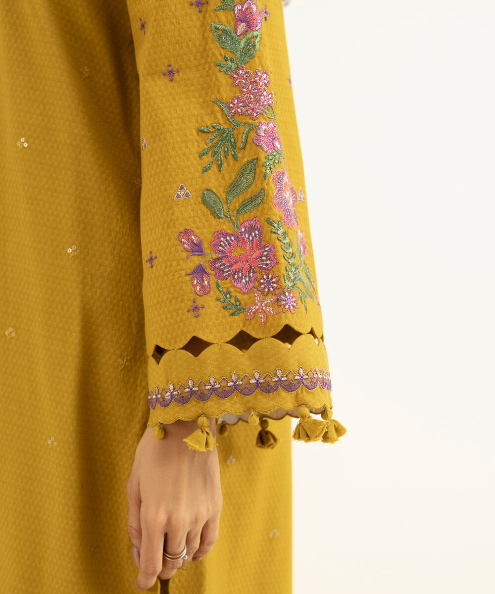 Women's Unstitched Dobby Embroidered Yellow 3 Piece Suit