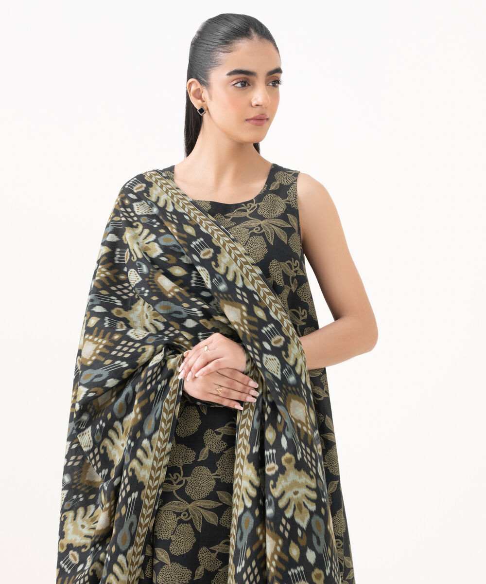 Women's Unstitched Cotton Printed Black 3 Piece Suit