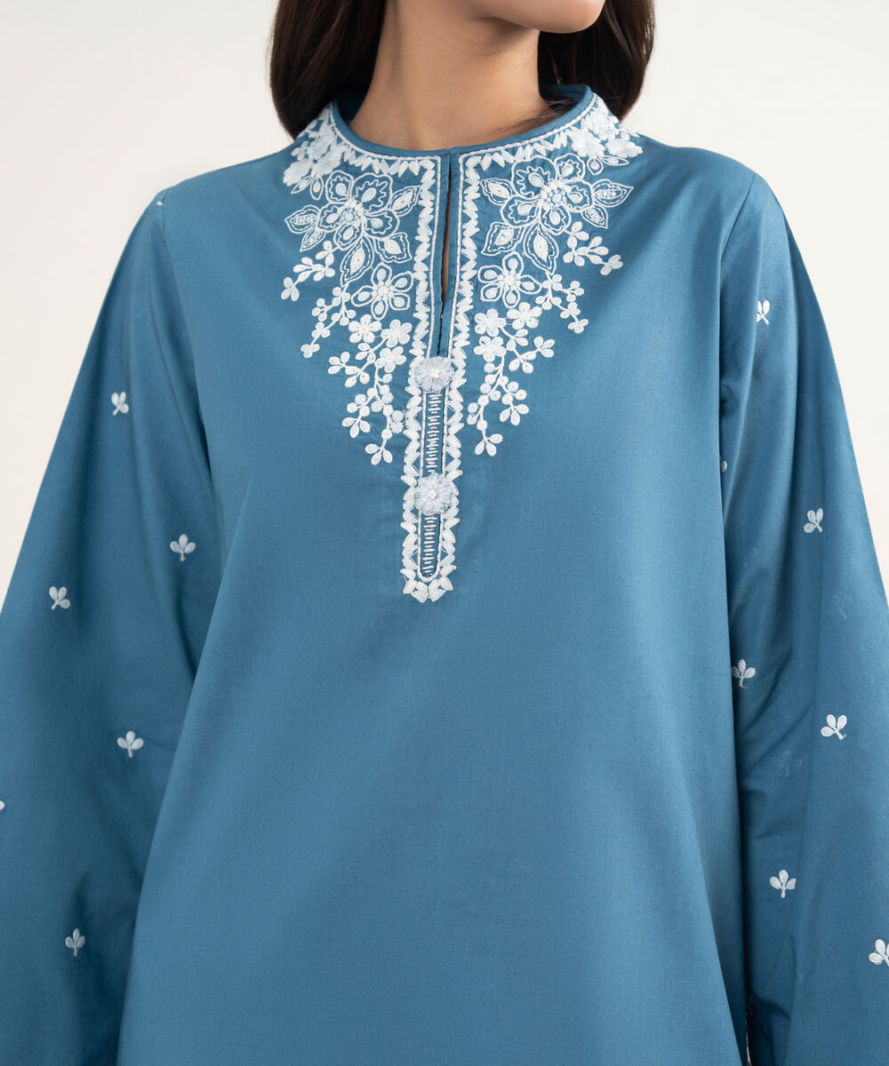 Women's Unstitched Cotton  Embroidered Bllue 3 Piece Suit