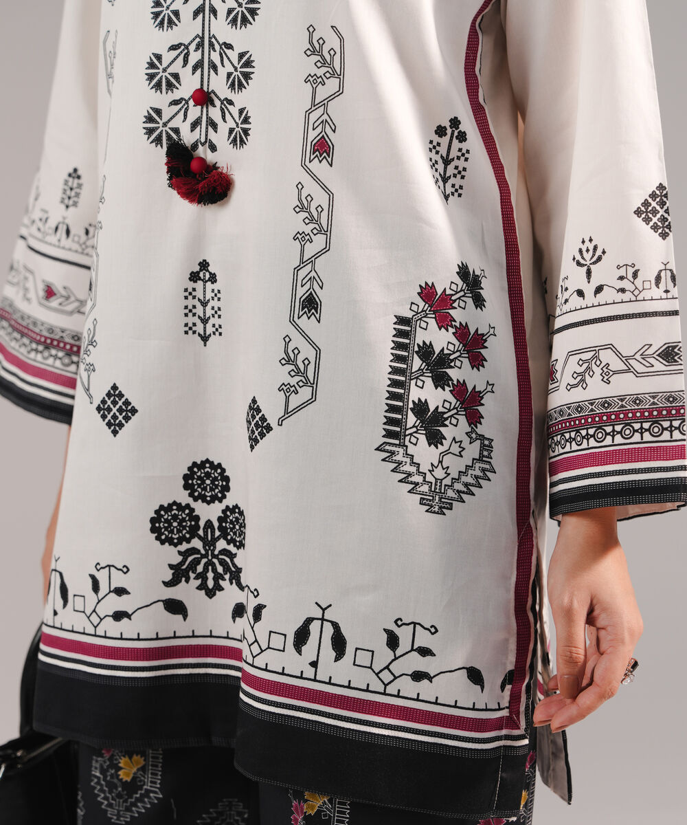 Women's RTW Cotton Satin Printed White Straight Shirt