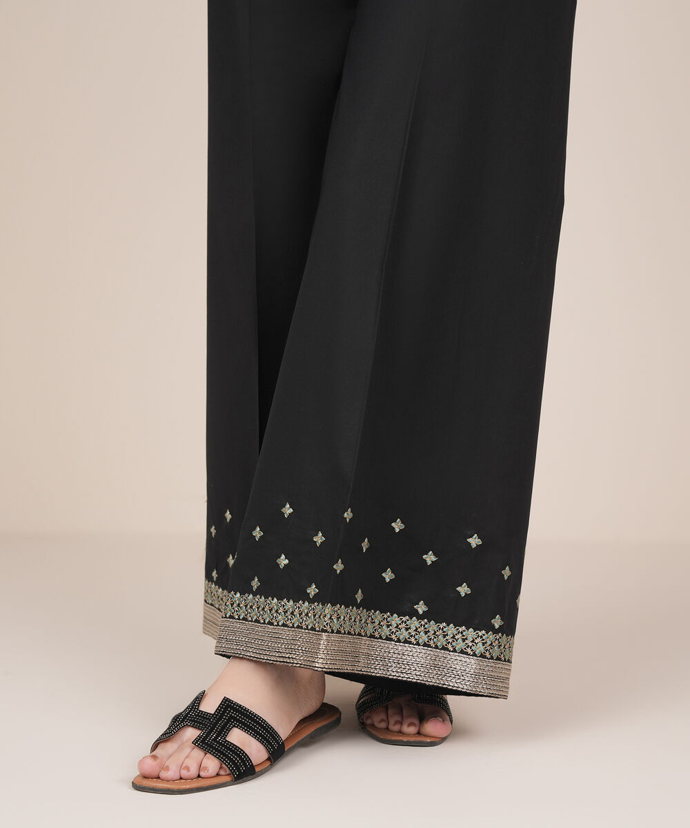 Women's RTW Cambric Black Embroidered Flared Pants