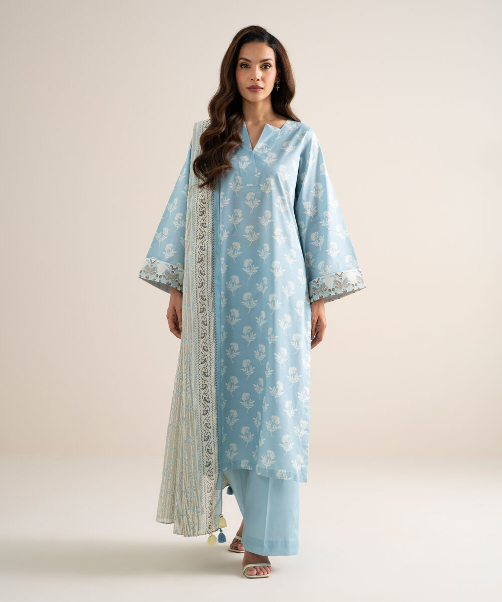 Women's Unstitched Lawn Printed Blue  3 Piece Suit