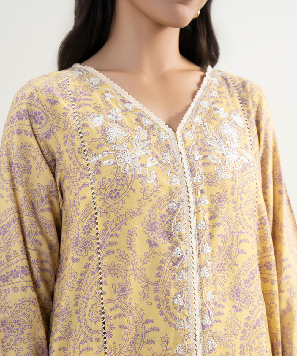 Women's RTW Viscose Raw Silk Embroidered Yellow A-Line Shirt