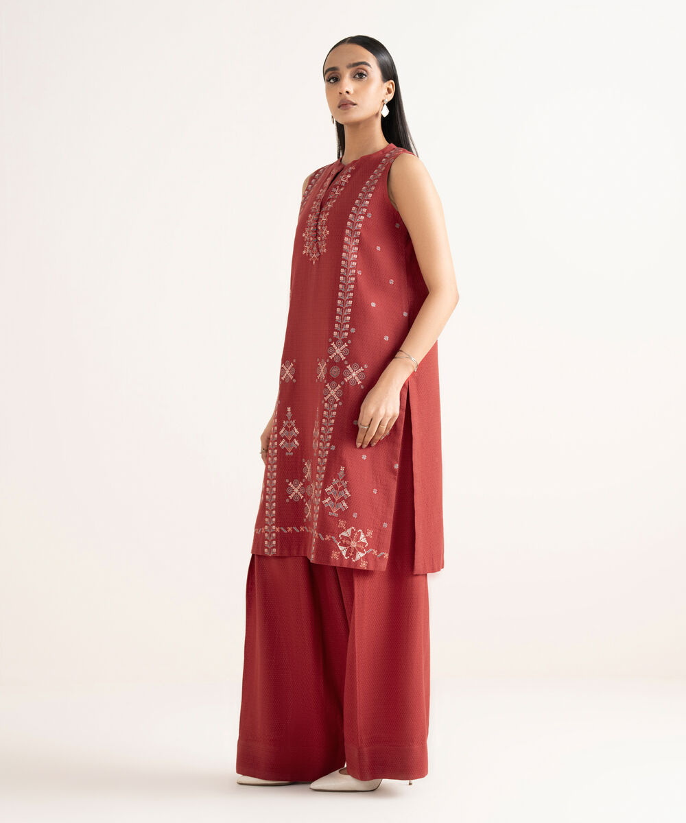 Women's Unstitched Dobby Embroidered Red  2 Piece Suit