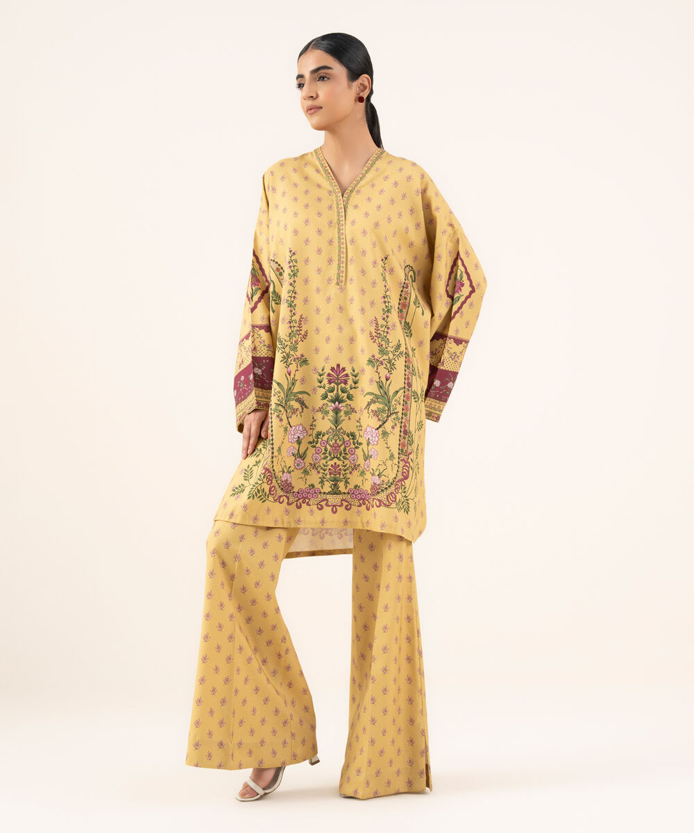 Women's Unstitched Lawn Printed Beige 2 Piece Suit