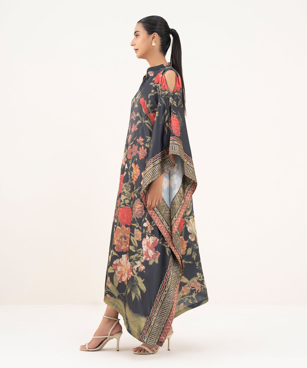 Women's RTW Blended Satin Black Printed Kaftan