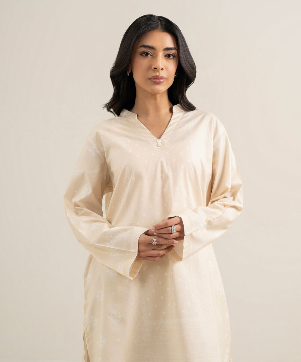 Women's RTW Cotton Viscose Printed Off White Straight Shirt