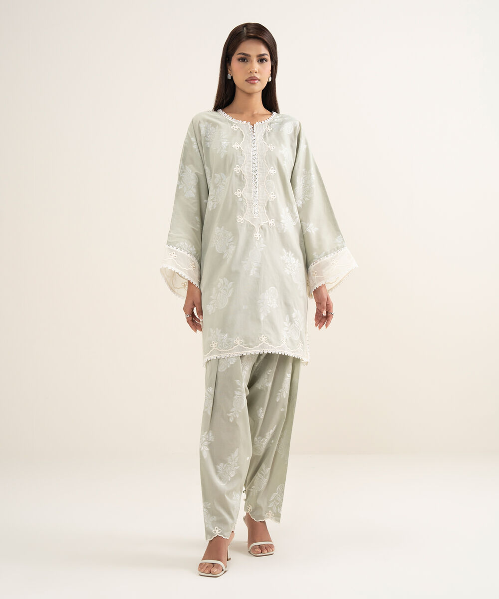 Women's RTW Zari Jacquard Embroidered Green 2 Piece Suit