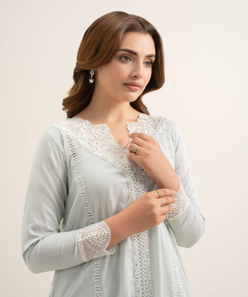 Women's RTW Self Jacquard Embroidered Green Straight Shirt