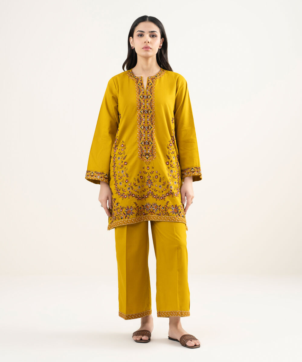 Women's RTW Dobby Embroidered Mustard Straight Shirt