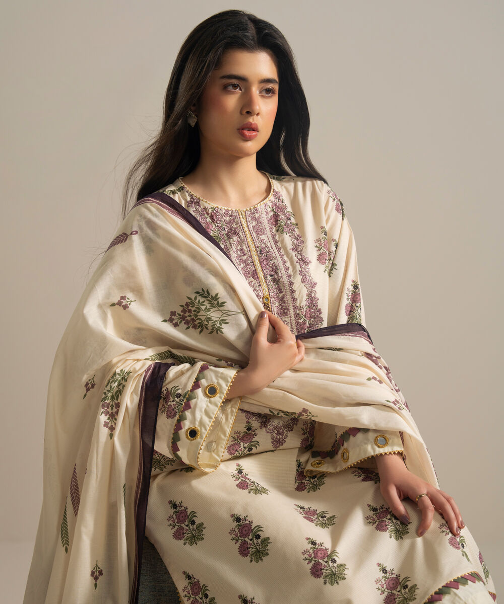 Women's RTW Zari Lawn Embroidered Off White 3 Piece Suit