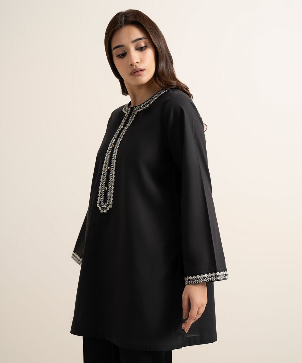 Women's RTW Cambric Embroidered Black Straight Shirt