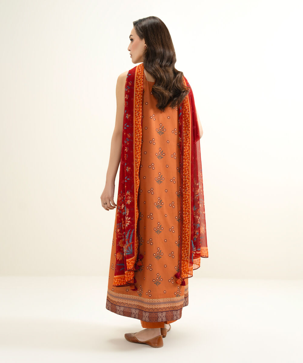 Women's Unstitched Lawn Embroidered Orange 3 Piece Suit