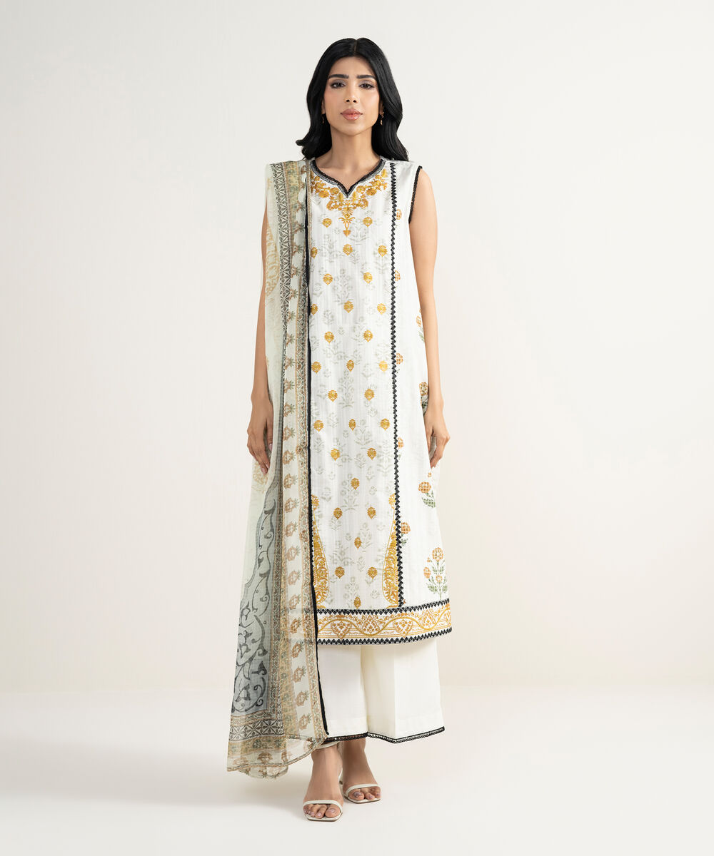 Women's RTW Cotton Embroidered White 3 Piece Suit