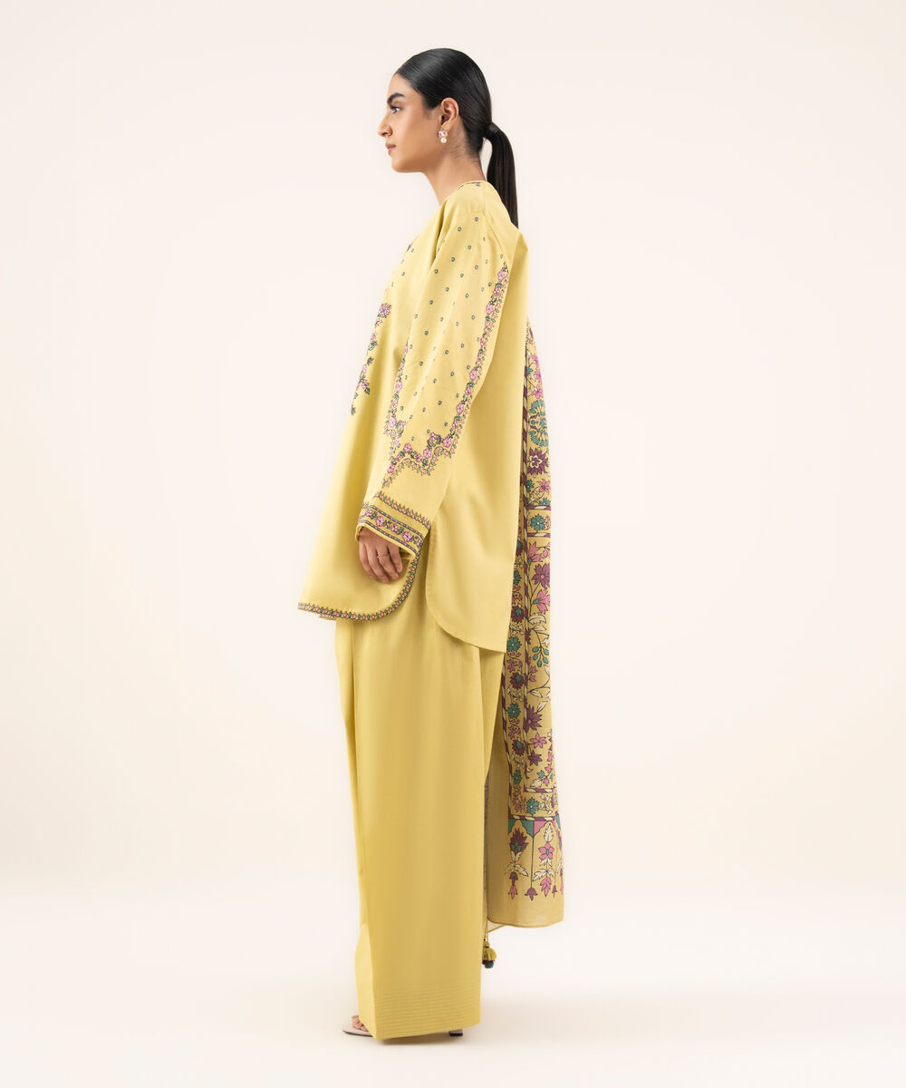 Women's Unstitched Textured Cotton Embroidered Yellow 2 Piece Suit