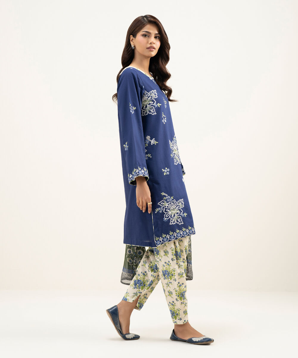 Women's RTW Dobby Embroidered Dark Blue 3 Piece Suit