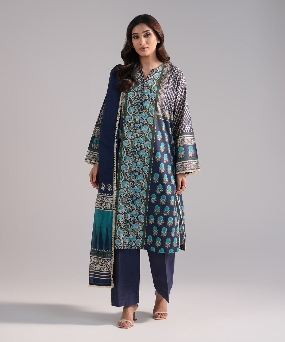 Women's RTW Lawn Printed Dark Blue 3 Piece Suit