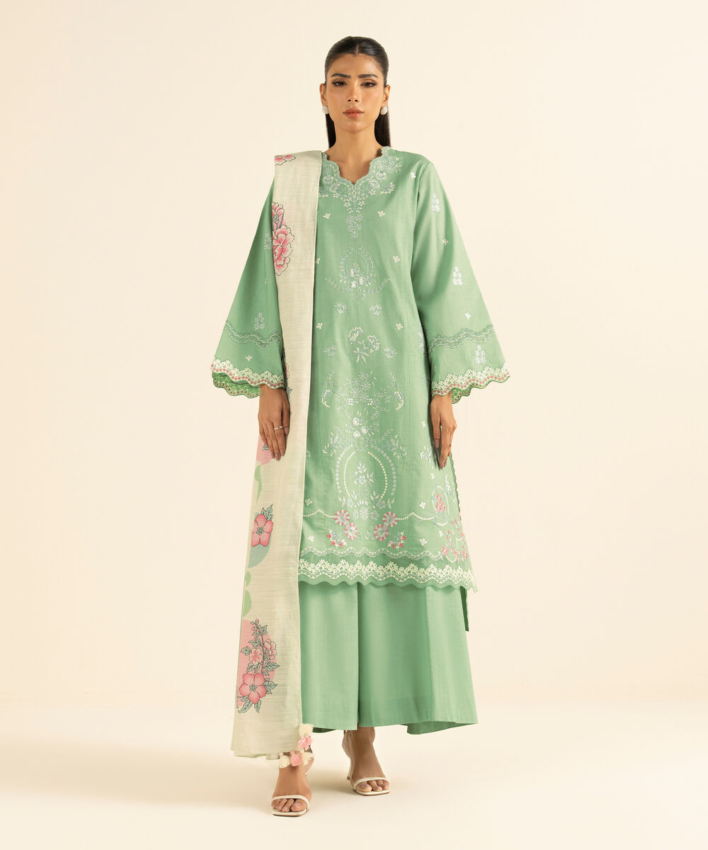 Women's Unstitched Cross Hatch Embroidered Green 3 Piece Suit