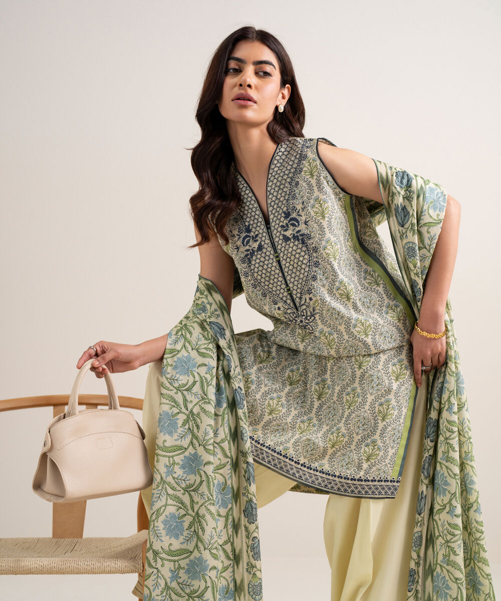 Women's Unstitched Lawn Embroidered Off White With Multi 3 Piece Suit
