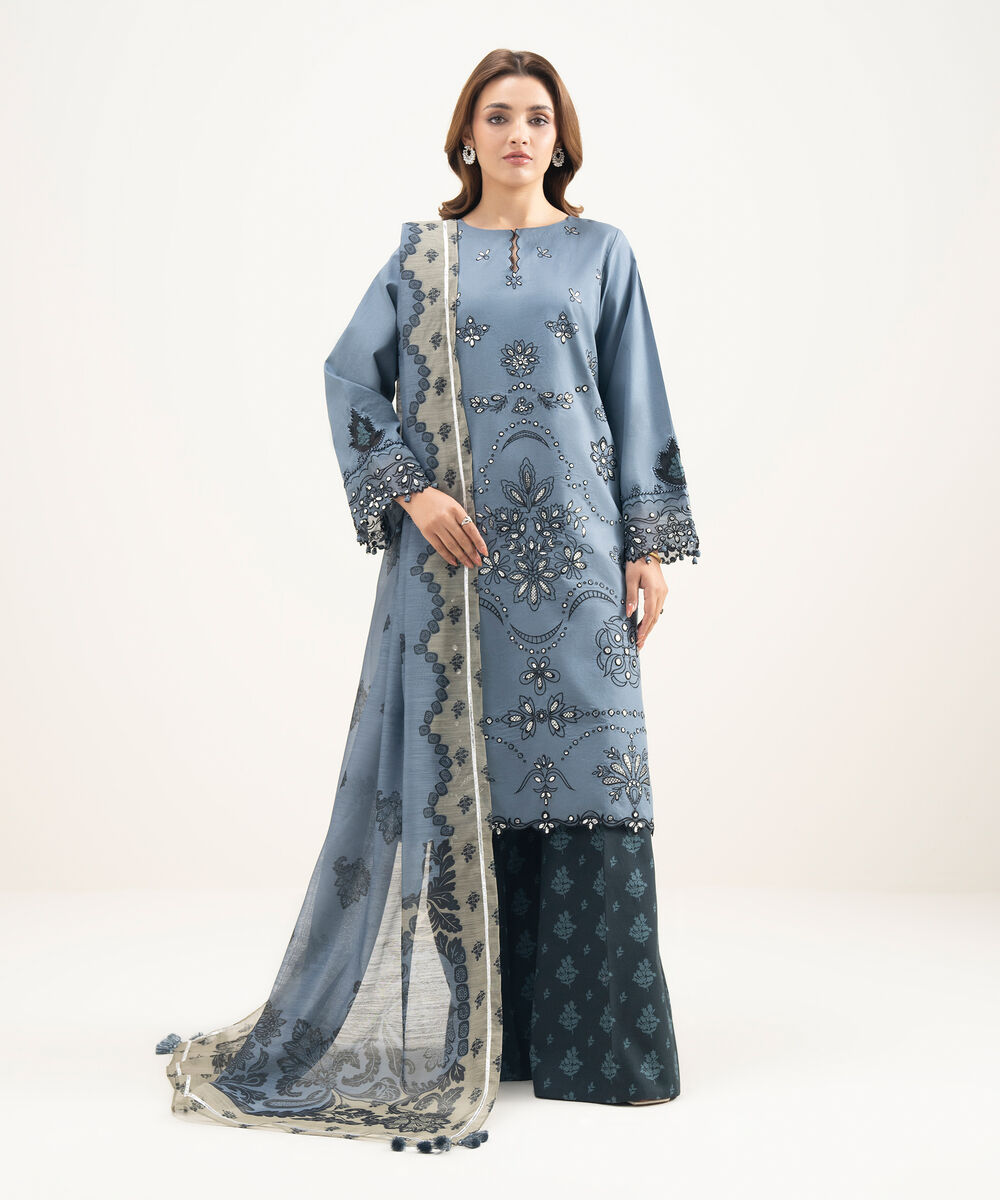 Women's Unstitched Textured Lawn Embroidered Grey 3 Piece Suit