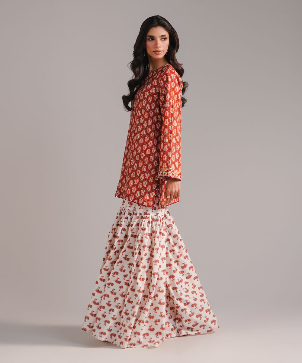 Women's RTW Textured Cotton Printed Rust 2 Piece Suit