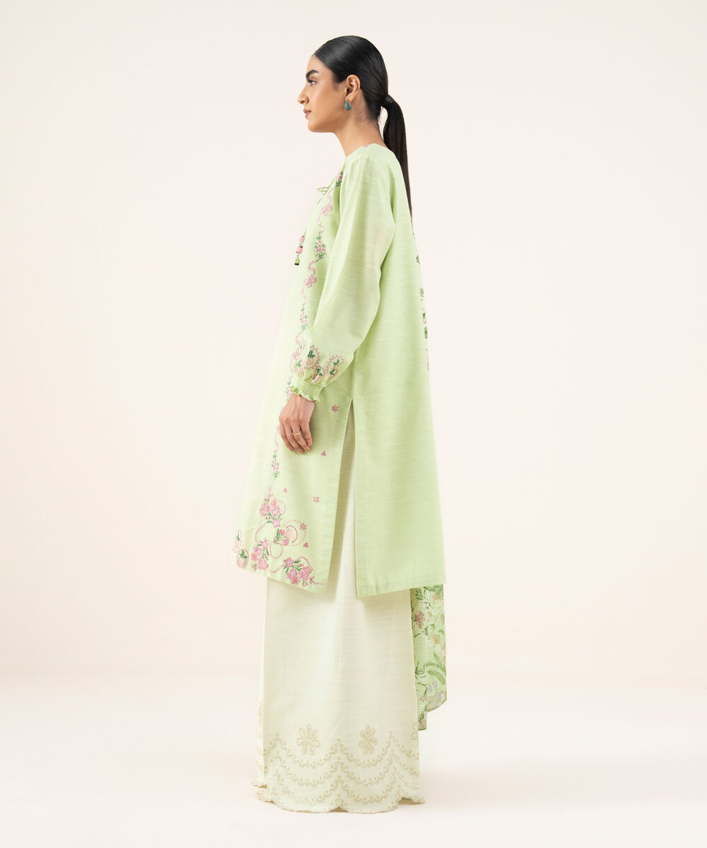 Women's Unstitched Cotton Embroidered Green 2 Piece Suit