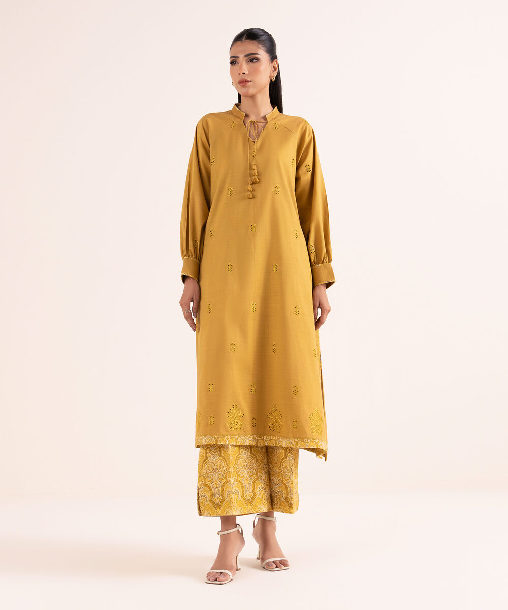 Women's Unstitched Textured Cotton Embroidered Yellow 2 Piece Suit