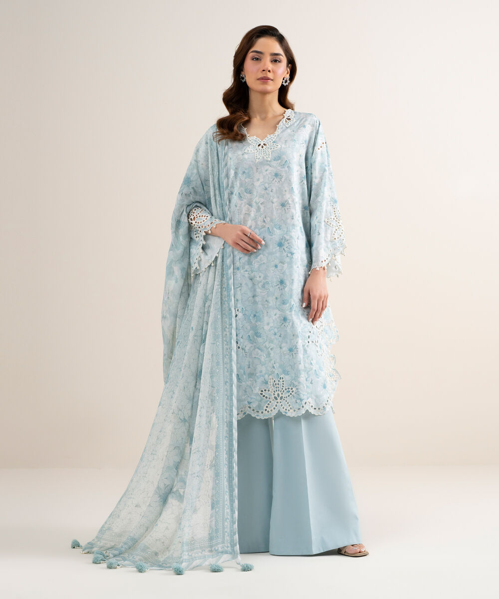 Women's Unstitched Lawn Embroidered Blue 3 Piece Suit