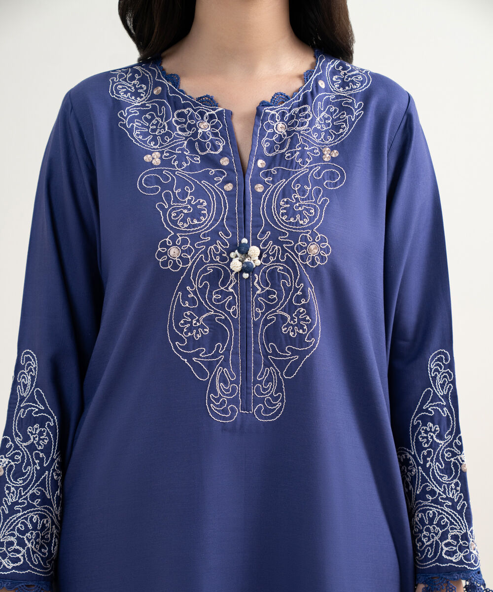 Women's RTW Raw Silk Viscose Embroidered Purple 3 Piece Suit