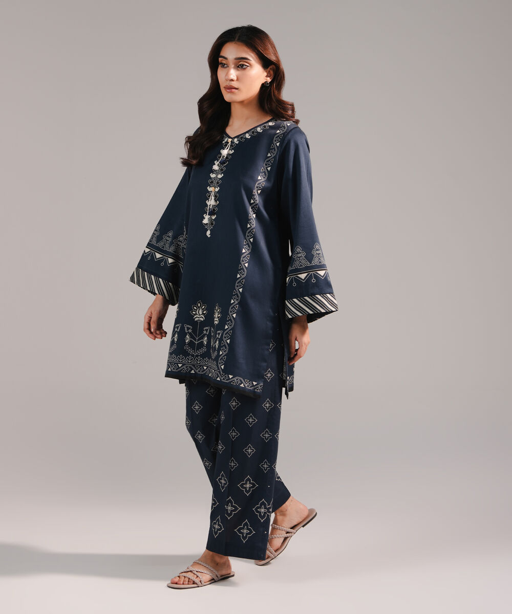 Women's RTW Cotton Satin Printed Dark Blue Straight Shirt