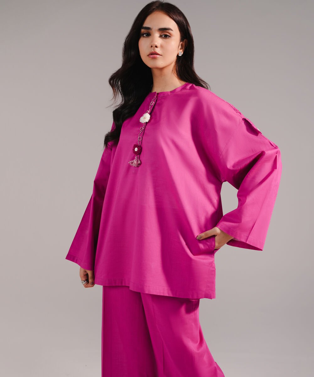 Women's RTW Crosshatch Solid Pink Drop Shoulder Shirt