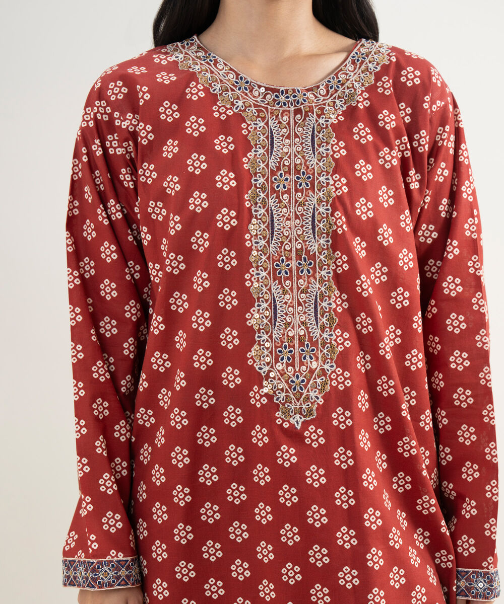 Women's RTW Slub Lawn Embroidered Maroon Straight Shirt