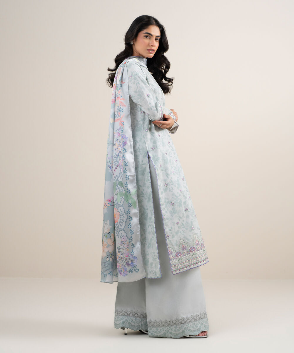 Women's Unstitched Lawn Embroidered Grey 3 Piece Suit