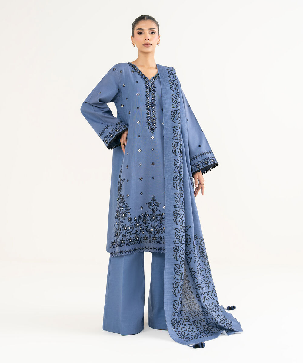 Women's Unstitched Cotton Embroidered Blue 3 Piece Suit