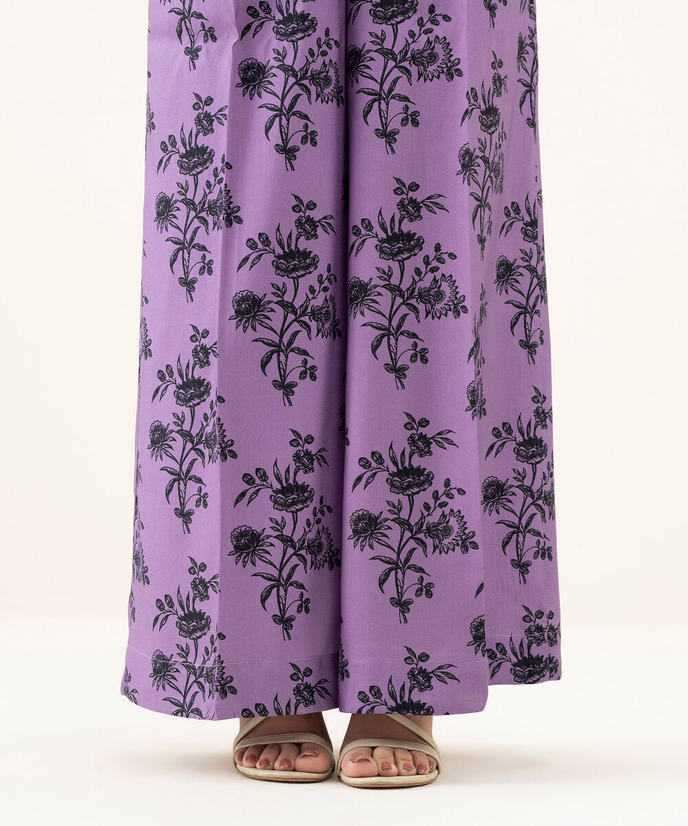 Women's RTW Linen Purple Printed Flared Pants