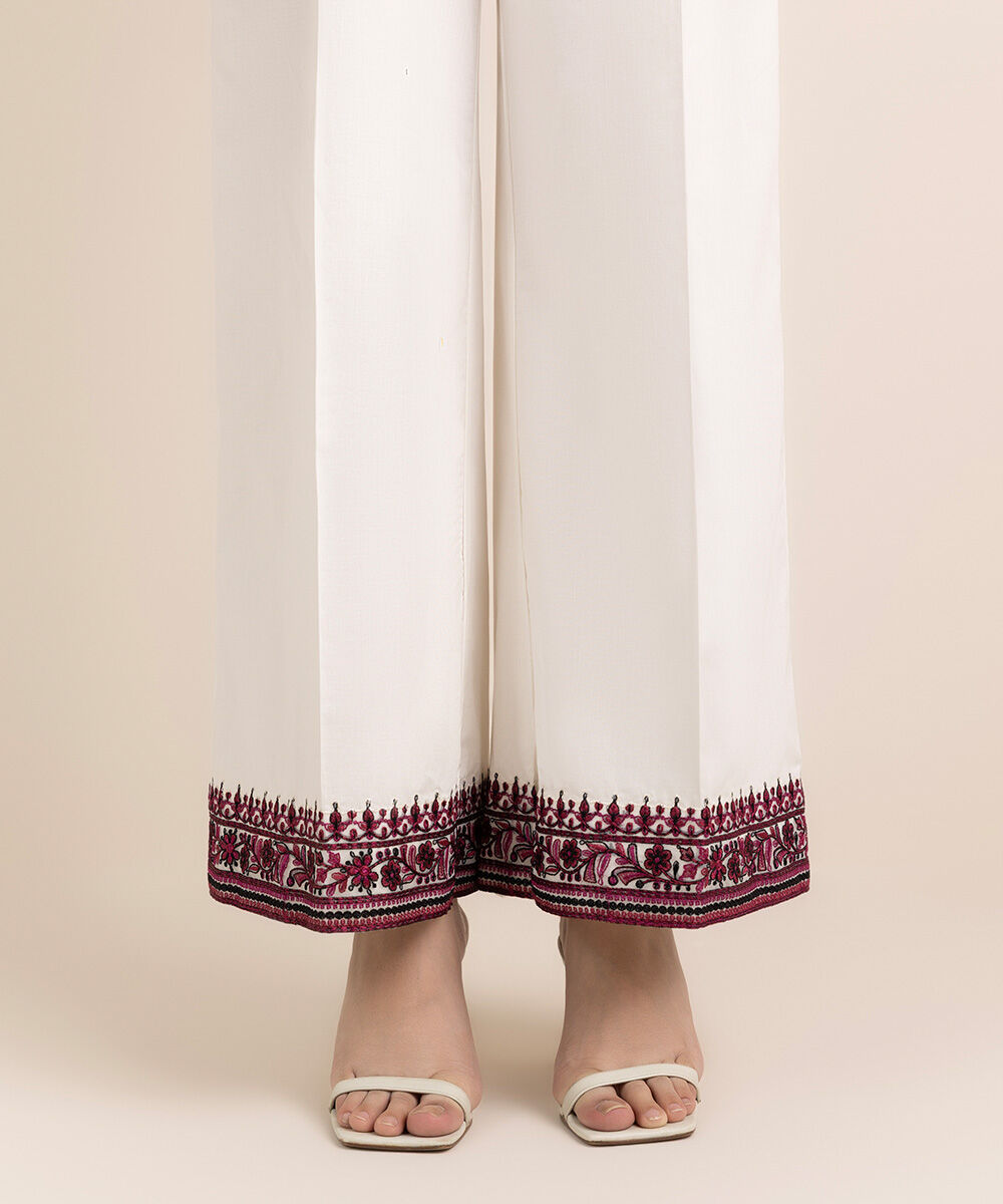 Women's RTW Cambric White Embroidered Flared Pants