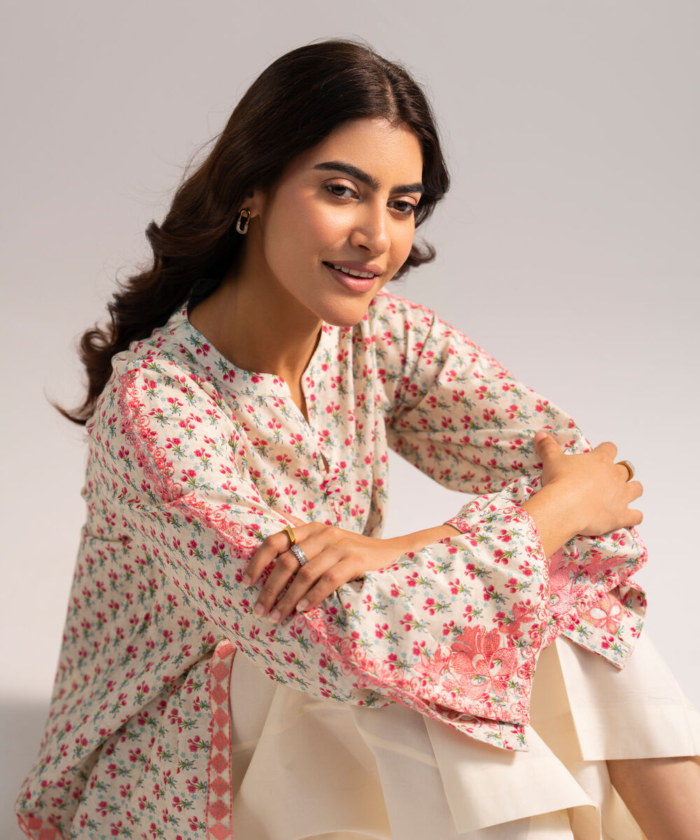 Women's RTW Lawn Embroidered Off White Straight Shirt